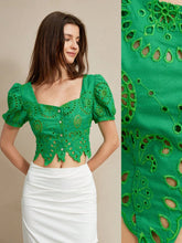 Aveloria Rosie Elegant Vacation Open Embroidery Puff Sleeve Fitted Bustier Blouse With Square Collar